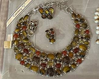 Sterling back with tiger eye and agate , matching ring