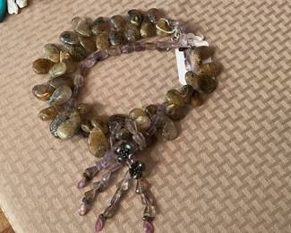 Designer agate stone necklace with sterling flowers and clasp