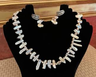 Designer pearl necklace with matching earrings, sterling