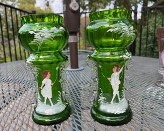 Antique Victorian Pair Mary Gregory Vases with rigaree. These photos were taken out side for better light. These are located in the front room at the checkout counter.