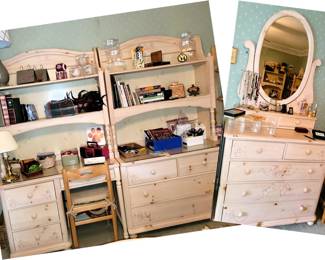 Solid wood modular furniture set: 3-drawer chest with hutch, desk with hutch, dresser with mirror