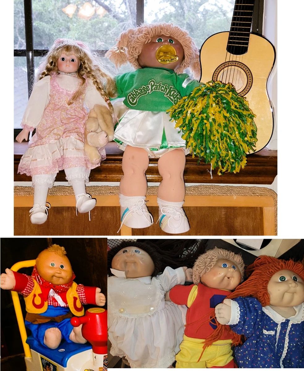 Cabbage Patch Dolls: Baby boy, Boy, Cheer girl, red head girl, brunette girl. 2 toy guitars