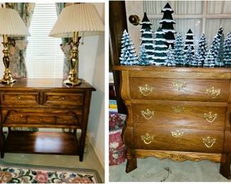 Side tables, Copper top and tiger wood. Lamps and lamp sets. Department 56 trees