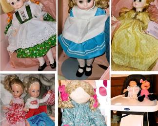 Dolls: Cheerleader, Country French, Madame Alexander Alice in Wonderland, Heidi and Sleeping Beauty, Cabbage Patch, Mickey and Minnie Mouse