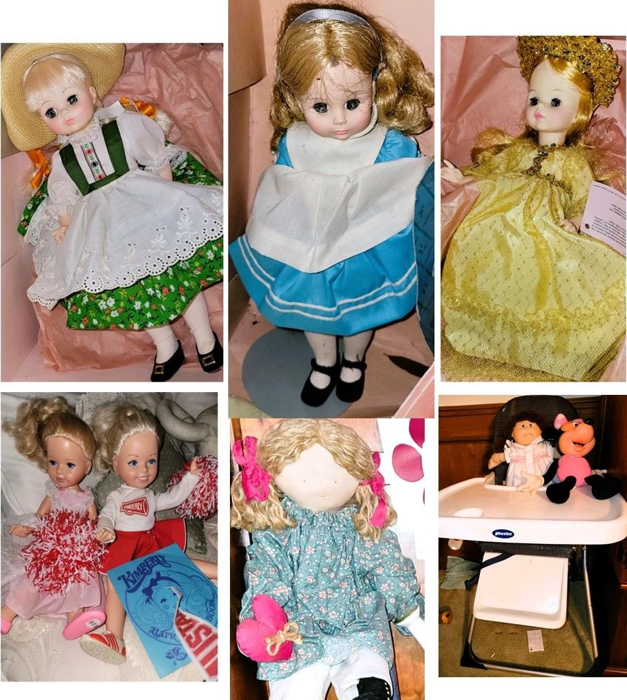 Dolls: Cheerleader, Country French, Madame Alexander Alice in Wonderland, Heidi and Sleeping Beauty, Cabbage Patch, Mickey and Minnie Mouse