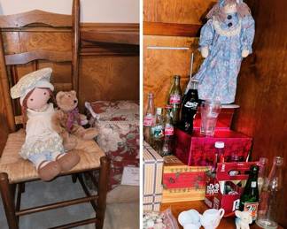 Country French Dolls, Ladder back chair set. Coke, Dr Pepper and 7-Up bottles