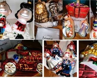Glass Ornaments Polonaise: Charlie Brown and Lucy, Wizard of Oz Tin Man and Lion, Bible and Mary and Angel, Tree and Santas and Snowman, Fire Truck and Big Bird, Raggedy Ann and Andy