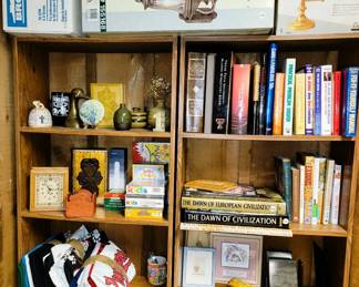 Shelves, Light fixtures, books and decor. Camp Cook set with pot, plates and kettle