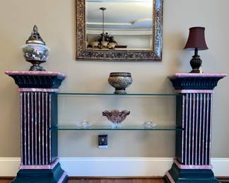 Entry/console shelving; various decor; table lamp