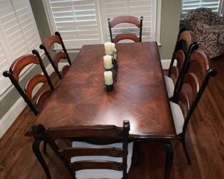 Wrought iron and wood kitchen table with 6 side chairs by Chromcraft