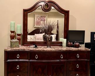 Dresser and mirror with burlwood
