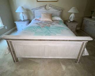 Vintage bed with matching night stands; lamps; lithograph