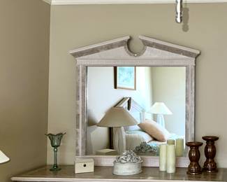 Dresser with mirror; various candles & candle holders; decorative boxes