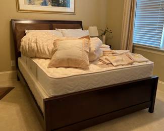 Queen bed frame and mattress set; various linens