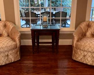 Sherrill pair of armchairs; nesting tables (2); candle holder