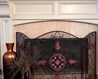 Metal fireplace screen; floor vases