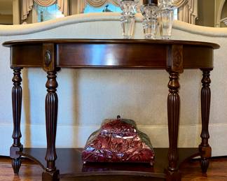 Demilune beveled glass top table with bottom tier/shelf