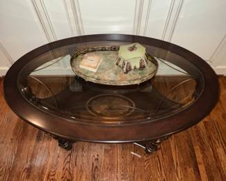 Oval wood and etched glass top coffee table
