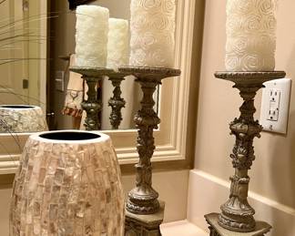 Shell vase; candle holders with candles