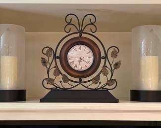 Table clock; pair of candle holders with candles