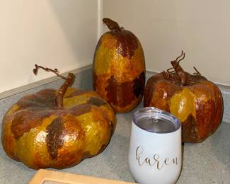 Paper mache pumpkins; Swig cup