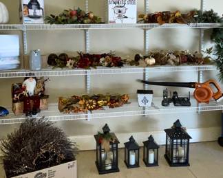 Various holiday artificial florals; lanterns; Black & Decker chopper; fondue set; can opener; phone system; leaf blower