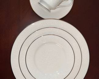 Noritake Affection platinum china: dinner plate; lunch plate; bread & butter plate; cup and saucer