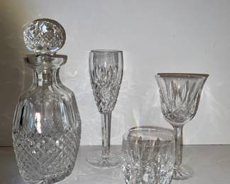 Waterford decanter, Lismore champagne, white wine and Connoisseur tumblers