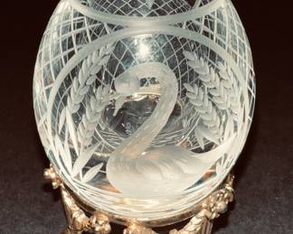 Faberge etched crystal egg and stand