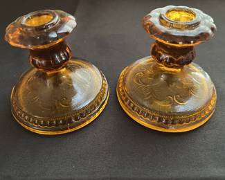 Vintage: Two Amber Glass Tiara Candlestick Holders