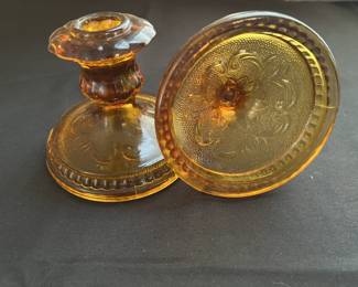 Vintage: Two Amber Glass Tiara Candlestick Holders