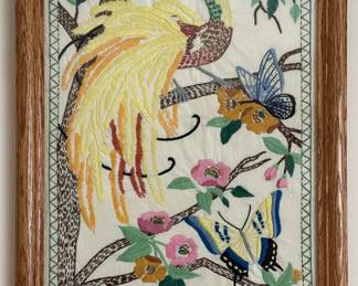 Vintage Hand Embroidered Peacock and Butterfly Wall Art
