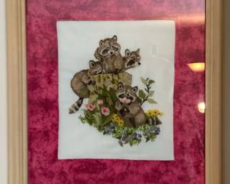 Vintage Hand Embroidered Raccoons Wall Art