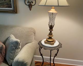 Marble top cast iron stand & Pr. Crystal lamps