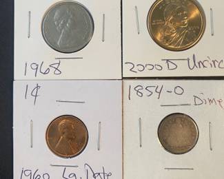 US 1854 Liberty Seated Dime, 1960 Large Date Penny, 2000D Sacagawea, 1968 Australian 10 Cent
