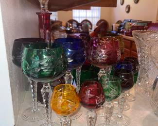 Vintage Multicolor Cut decanter, with 12 glasses