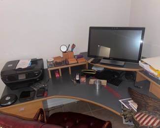 Corner desk, Printer, Monitor, etc