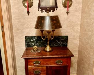 Victorian chest, Wildwood Vintage Frederick Cooper Hunting Horn Table Lamp. 