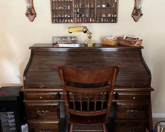 Roll top desk, and chair.