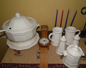 Large white soup tureen, and other matching pieces for serving