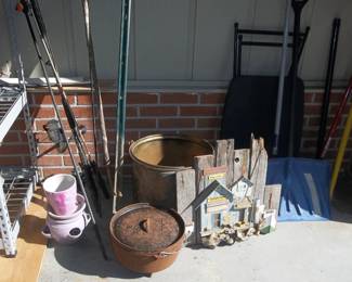 Lodge dutch oven, yard tools 