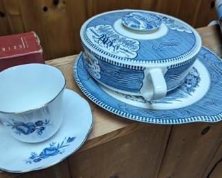 Currier and Ives pieces and cups and saucers