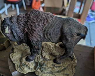 Buffalo figurine, copper cigar ash tray 