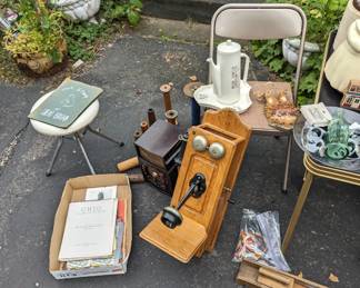 Cosco 3 leg stool, small mandolin, pot and plate set, old wooden spools, coca cola openers plate and foreign bottle, cookie jars