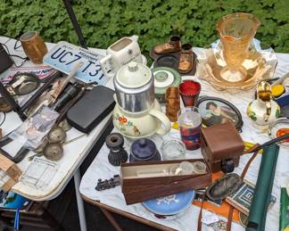 Tools in buckets and bins, automotive collections Dodge, Ford, GM, Studebaker, green Currier and Ives dish, advertising 