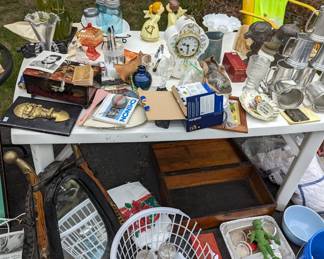 Kissing angels w music box, Bright XL Mason T-shirt, playboy mugs set, winding clock w key, Candlewick vase, wooden tool box primitive, saddle mirror