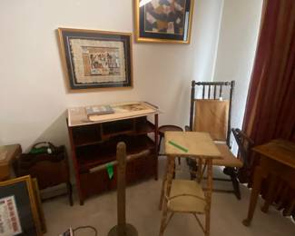 Antique Chinese shelf with cabinet doors and drawers --- antique washer -- cane/rattan plant stand, miscellaneous art pieces 