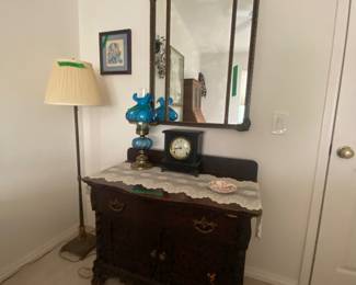 Antique dresser with 2 drawers and 2 door storage below ----  Antique mirror     --- Vintage floor lamp