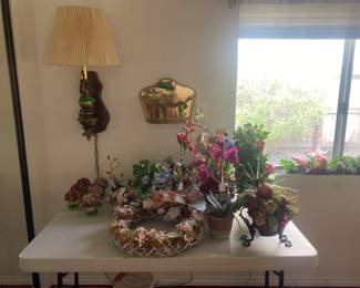 Floral bouquets / wreaths  ---   Wall hanging lamp ---  metal wall hanging planter