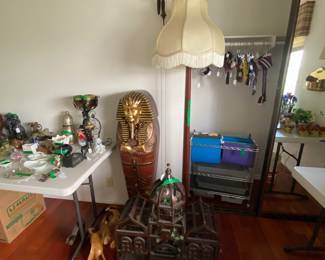 Vintage floor lamp -wood base / sarcophagus shelving inside (fits CD size) /  Wood birdcage / wire file